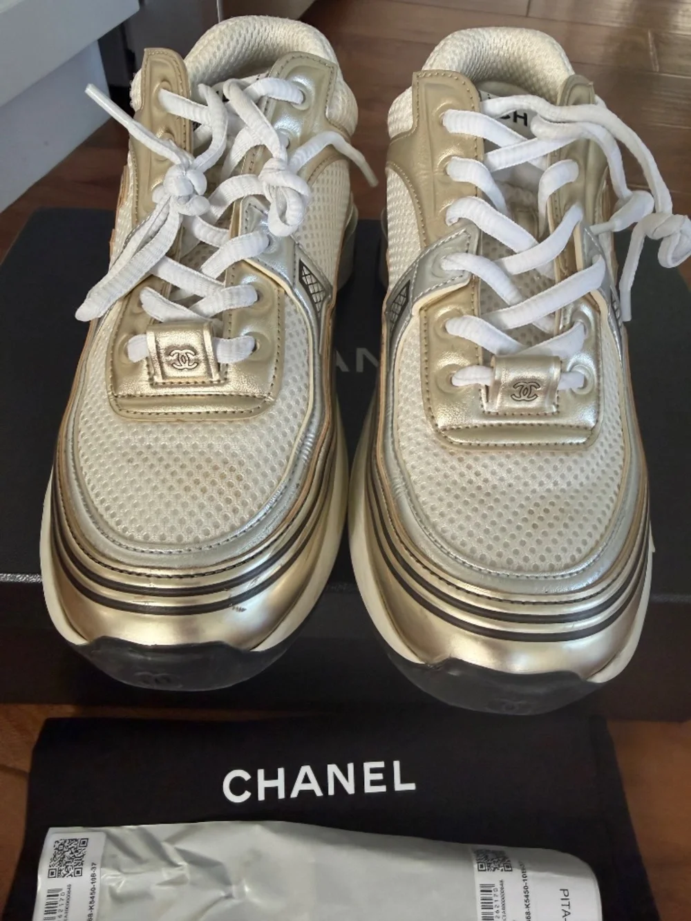 CHANEL Fabric Laminated Calfskin Stretch CC Sneakers size 37 in White,Gold,Silv